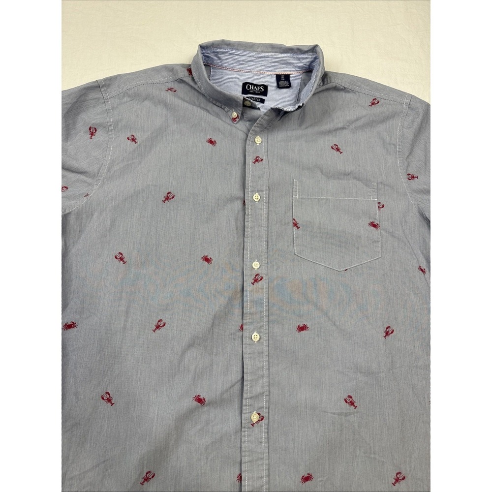 Chaps SHIRT MENS XLT Blue STRIPE Button Short Sleeve Red Crabs VACATION